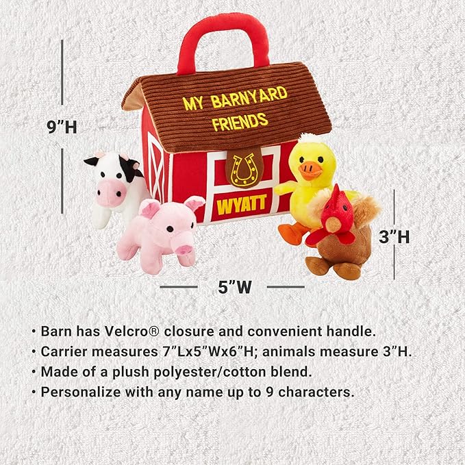 Let's Make Memories Personalized Barnyard Friends Plush Playset – 4 Soft & Squeaky Animals – Kids Travel Toy – Customize with Name – 7”L x 5”W x 6”H