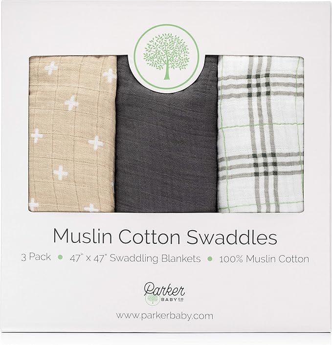 Parker Baby Co. Swaddle Blankets - Pack of 3 of 100% Cotton Muslin Swaddle Blankets for Baby Boys and Girls - Unisex/Gender Neutral - Classics Set