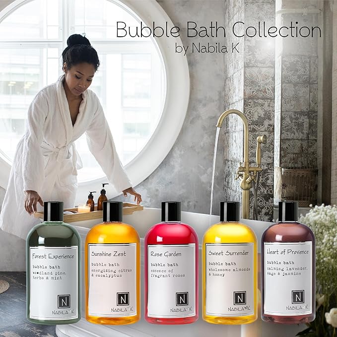 Assorted Bubble Bath Collection (Set of 5) by Nabila K - Forest Experience, Sunshine Zest, Rose Garden, Sweet Surrender, Heart of Provence - Essential Oils with Natural Ingredients - 8 oz