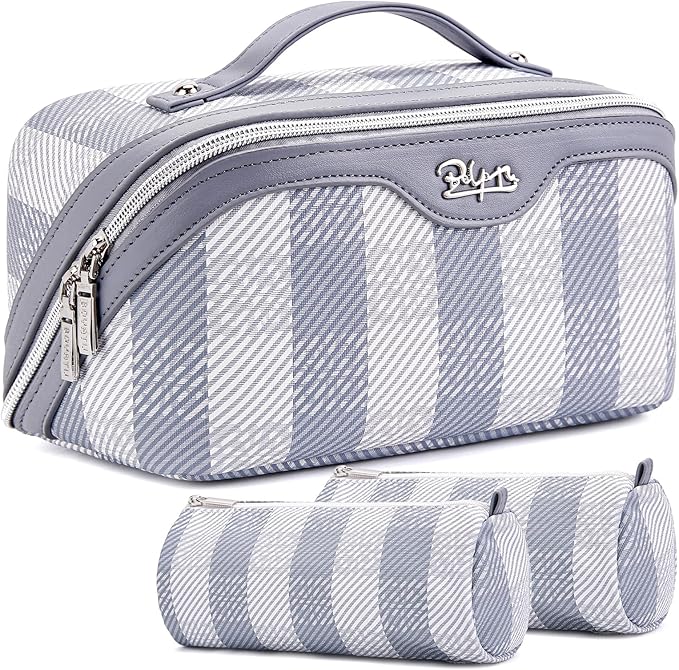 BOYATU Travel Makeup Bag Organizer Cosmetic Bag: 3 Pcs Set Make up Bags for Women with Handle - Waterproof Vegan Leather Toiletry Bags Travel Essentials Pouch with Compartments (F-05-Blue)