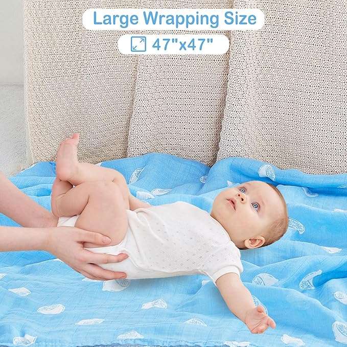Viviland Muslin Swaddle Blankets, Swaddle Wrap for Boys and Girls, Breathable and Skin-Friendly Baby Receiving Blankets, Baby Essentials, 4-Pack Lemon & Leaves, 47 x 47 inches