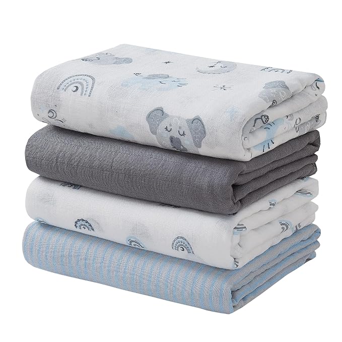 Viviland Muslin Swaddle Blankets, Swaddle Wrap for Boys and Girls, Breathable and Skin-Friendly Baby Receiving Blankets, Baby Essentials, 4-Pack Blue Elephant, 47 x 47 inches