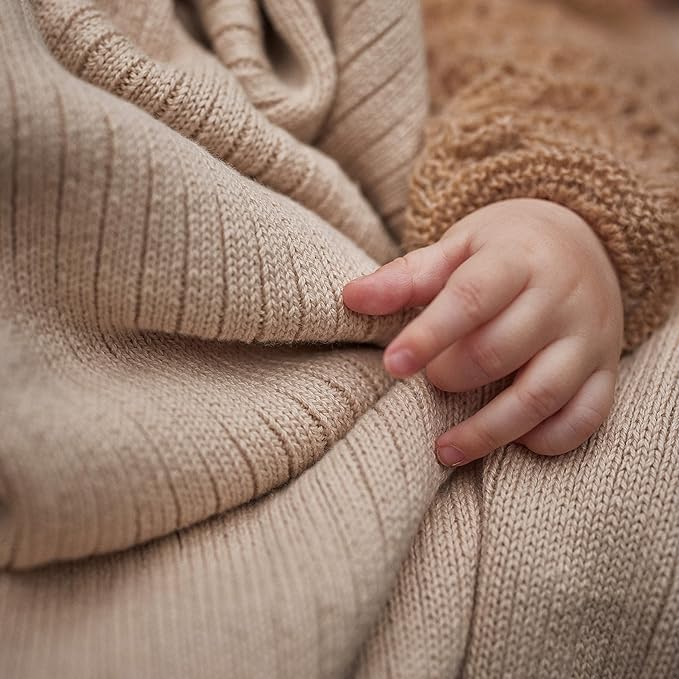 Knitted Organic Cotton Baby Blanket- Swaddle Blanket, 30" x 40" Soft Receiving Blanket for Newborn (Ribbed - Fog)