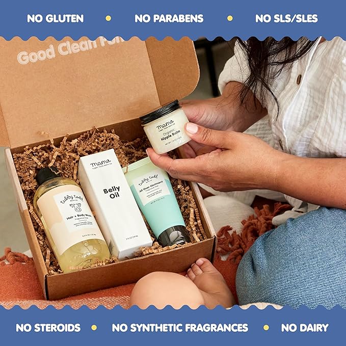 Tubby Todd New Baby & Mom Sensitive Skincare Kit - The Mama + Baby Gift Set - Baby Shampoo and Body Wash 8.5 Oz, All Over Ointment 2 Oz, Belly Oil 2 Fl Oz & Nipple Balm 1.9 Oz - Fragrance-Free