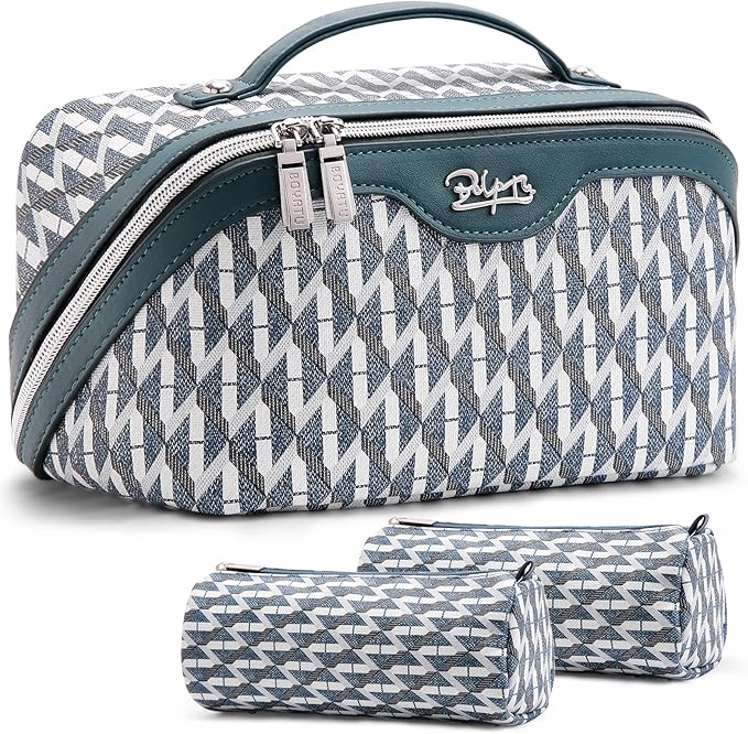 BOYATU Travel Makeup Bags for Women: Large Capacity Cosmetic Bag Set of 3 - Vegan Leather Make up Bags with Compartments - Wide Open Waterproof Toiletry Organizer Bag with Handle (B-01-Royal blue)