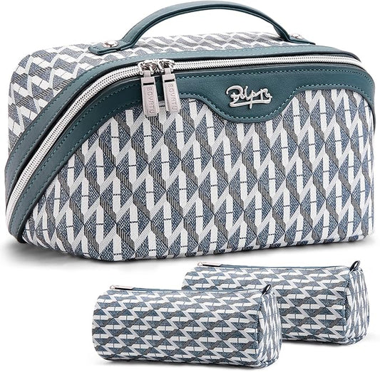 BOYATU Travel Makeup Bags for Women: Large Capacity Cosmetic Bag Set of 3 - Vegan Leather Make up Bags with Compartments - Wide Open Waterproof Toiletry Organizer Bag with Handle (B-01-Royal blue)