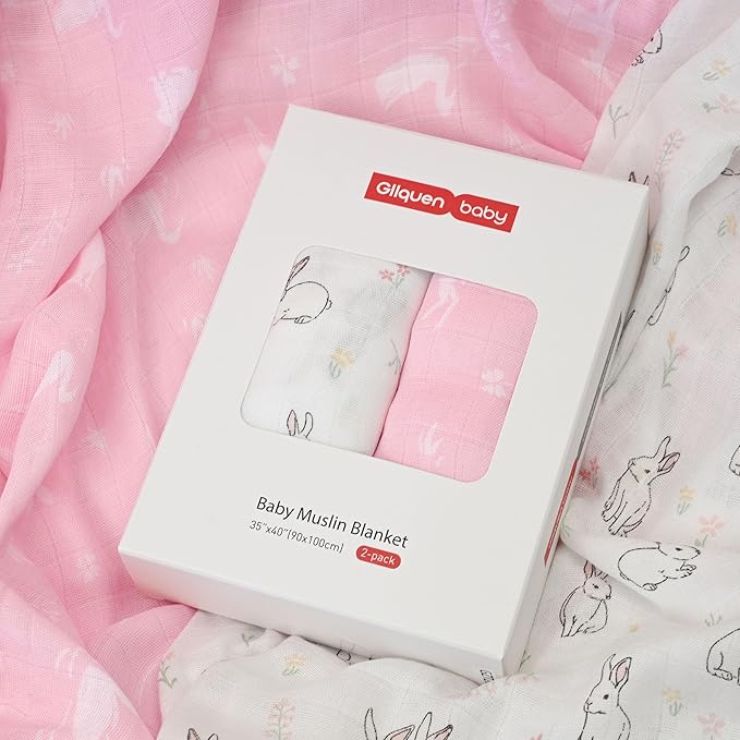 GLLQUEN BABY Muslin Swaddle Blankets Breathable Receiving Blankets (35" x 40") 2-Pack Soft Baby Blankets for Girls and Boys Newborn Essentials Muslin Burp Cloths Swaddle Wrap Gift(Looking for Spring)