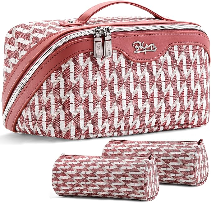 BOYATU Travel Makeup Bags for Women: Large Capacity Cosmetic Bag Set of 3 - Vegan Leather Make up Bags with Compartments - Wide Open Waterproof Toiletry Organizer Bag with Handle (B-03-Red)