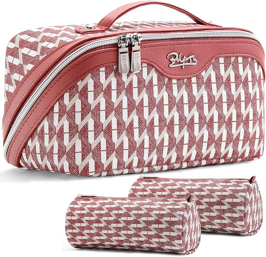 BOYATU Travel Makeup Bags for Women: Large Capacity Cosmetic Bag Set of 3 - Vegan Leather Make up Bags with Compartments - Wide Open Waterproof Toiletry Organizer Bag with Handle (B-03-Red)