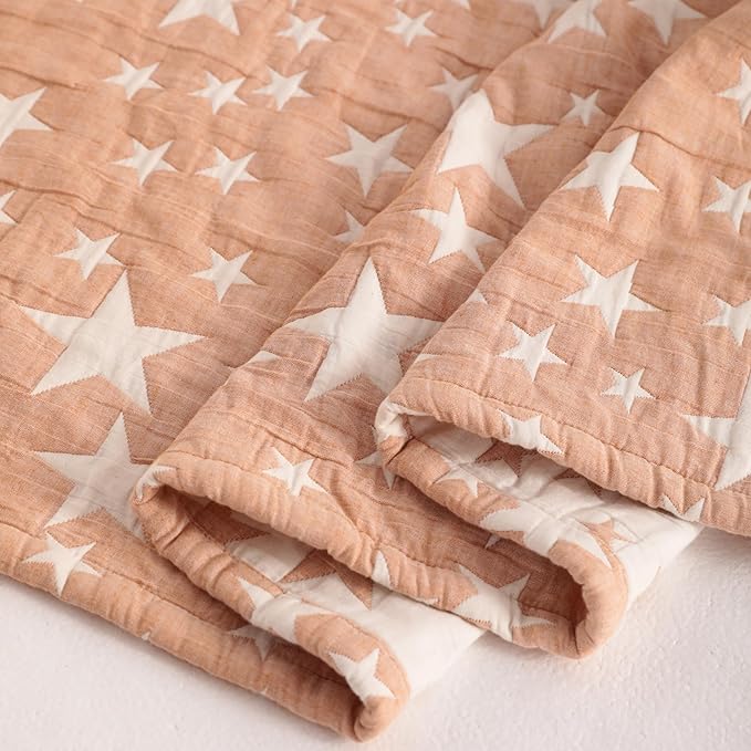 NTBAY 3 Layer Toddler Blanket, Muslin Cotton Jacquard Bed Blankets, Lightweight Thermal Baby Blanket, Super Soft and Warm Crib Blanket for All Seasons, Decoration Gift, 45"x60", Pale Orange Star