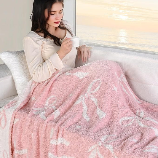 JOOJA Pink Bow Throw, Soft Coquette Aesthetic Blanket with Bows, Preppy Room Decor, 50" x 60"