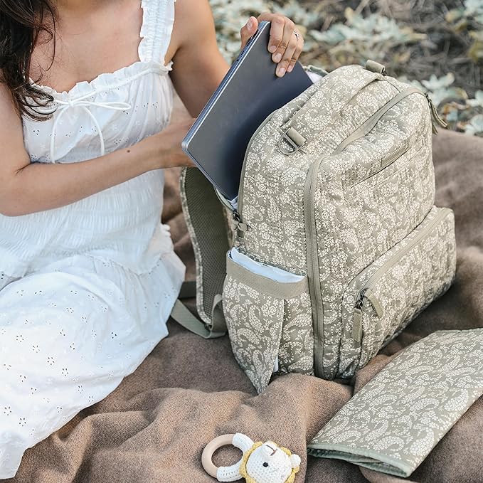JuJuBe x Sazan Hendrix - New Classic Diaper Bag Backpack with Portable Changing Pad, Stroller Straps, Large Travel Backpack for carrying Baby Bottles, Wipes, Diapers, Pacifiers, Paisley Floral