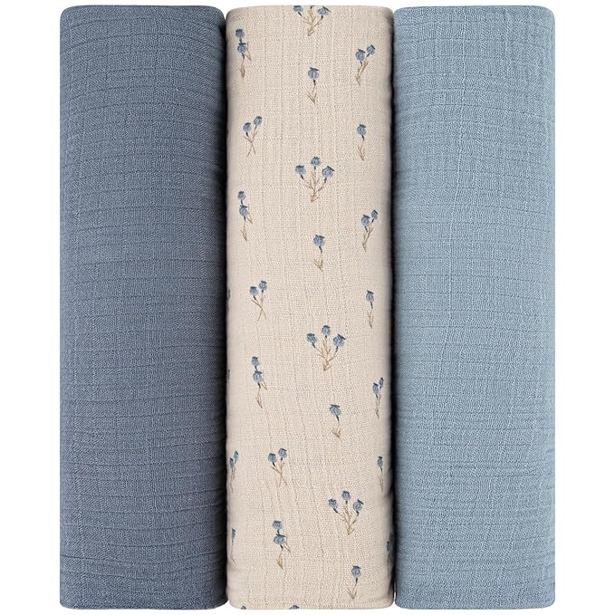 Ely's & Co. Muslin Swaddle Blanket 3-Pack for Baby Boy— 100% Cotton Muslin Extra-Large Swaddle Blankets (47”x 47”) Blue Bluebell