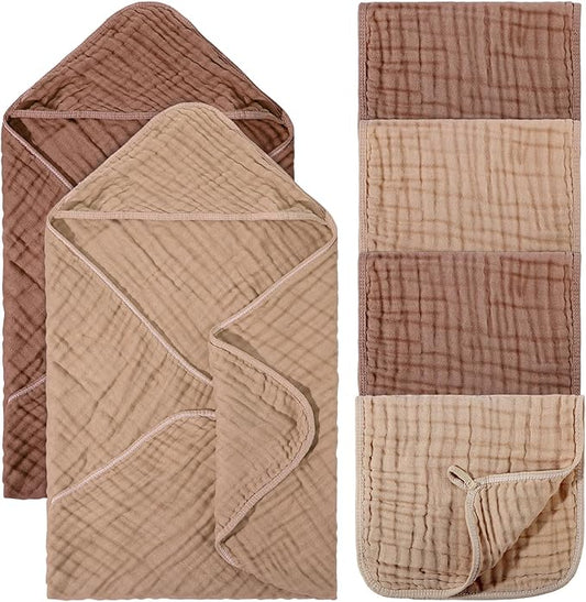 VitalCozy 6 Pcs Baby Muslin Hooded Bath Towels and Washcloths Muslin Cotton Hooded Baby Towels Absorbent Blankets for Gift Newborn Infant Shower (32 x 32 Inch,Brown,Coffee)