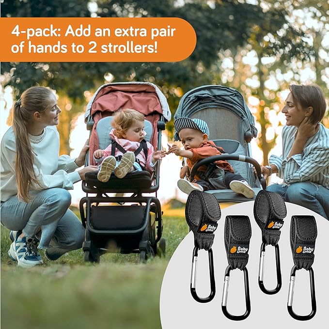 Baby Uma Baby Stroller Hooks for Bags - 4-Pack of Stroller Clips for Diaper Bag, Carry 11 lbs per Stroller Carabiner Clip, Adjustable Stroller Straps, Bag Hook, Universal Stroller Accessories