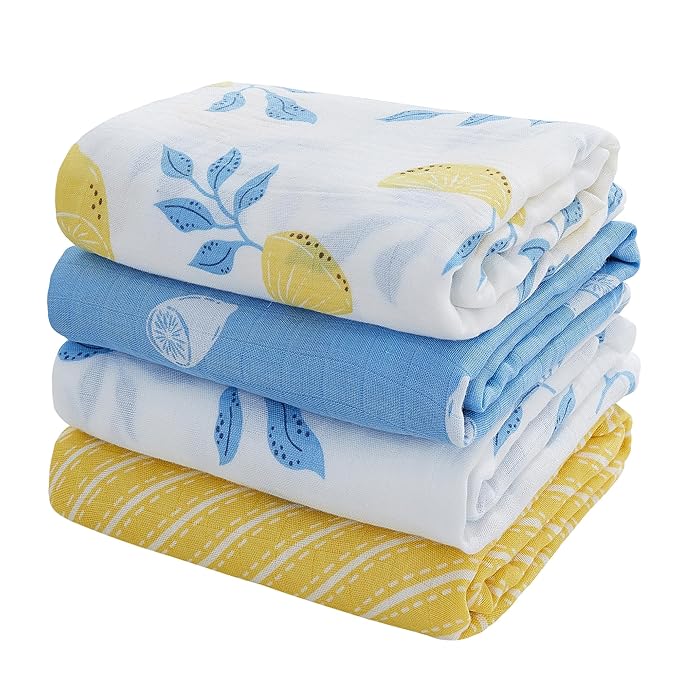 Viviland Muslin Swaddle Blankets, Swaddle Wrap for Boys and Girls, Breathable and Skin-Friendly Baby Receiving Blankets, Baby Essentials, 4-Pack Lemon & Leaves, 47 x 47 inches