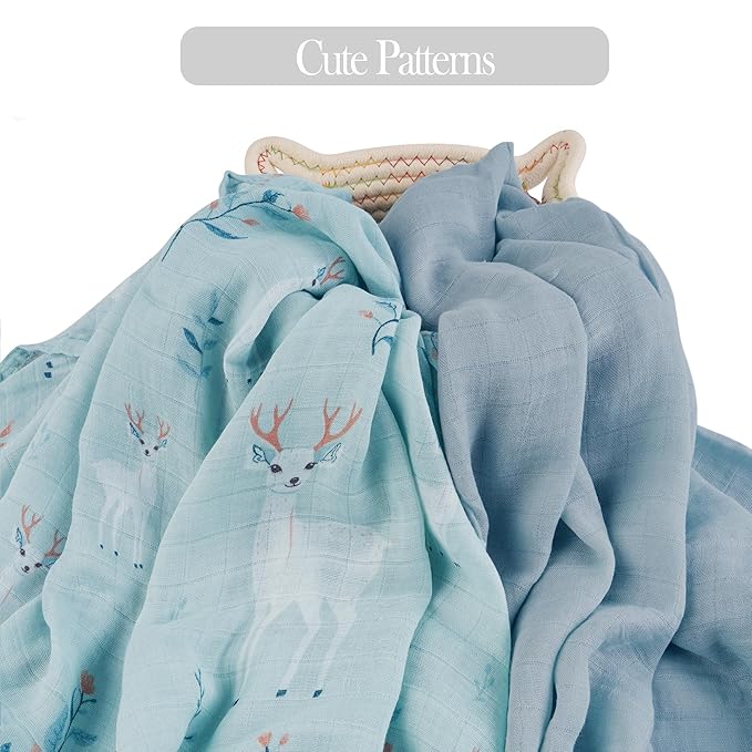 Viviland Muslin Swaddle Blankets, Breathable and Skin-Friendly Baby Receiving Blankets, 2-Pack Deer, 47 x 47 inches