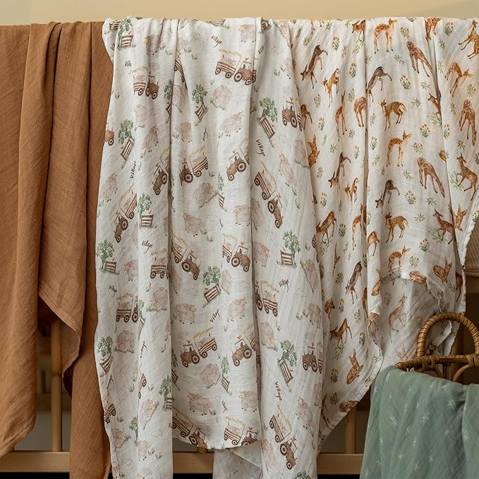 GLLQUEN BABY Muslin Swaddle Blankets Breathable Receiving Blankets (35" x 40") 2-Pack Soft Baby Blankets for Girls and Boys Newborn Essentials Muslin Burp Cloths Swaddle Wrap Baby Gift(Barn Prelude)