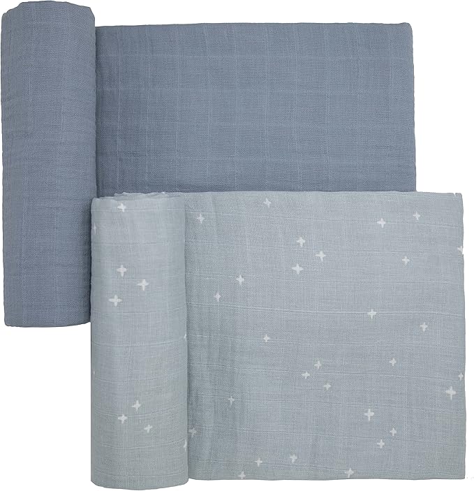 Sticky Toffee Muslin Swaddle Baby Blanket, Blue Gray Stars, 47 x 47 in, Soft Breathable Oeko-Tex Cotton Newborn Wrap and Receiving Blanket