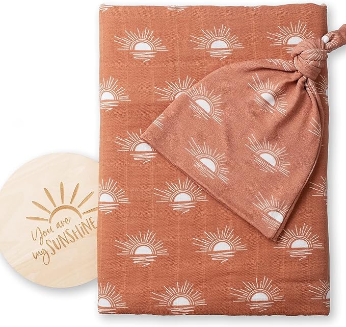 Miaoberry 100% Organic Cotton Baby Muslin Swaddle Blanket Set| Rust Boho Sunrays Sunset| Gender Neutral for Boys Girls|Hospital Newborn Receiving Blanket |Newborn Unisex