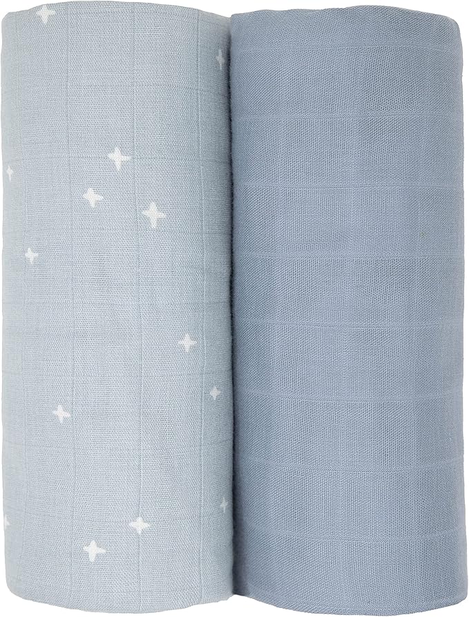 Sticky Toffee Muslin Swaddle Baby Blanket, Blue Gray Stars, 47 x 47 in, Soft Breathable Oeko-Tex Cotton Newborn Wrap and Receiving Blanket